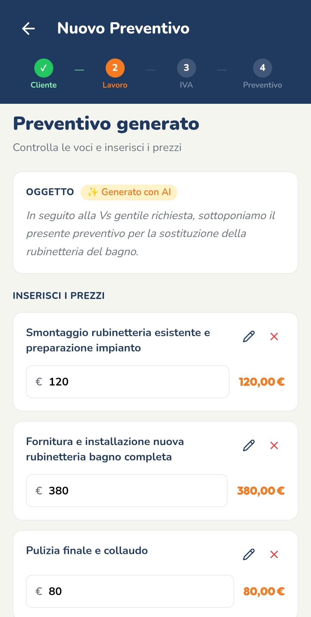 Prevus genera le voci del preventivo